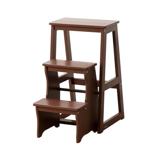 Taburete de madera, escalera pequeña de madera maciza de almacenamiento, duradero y estable, acabado suave para cocina de loft, diseño de 3 niveles, color marrón, ideal para uso doméstico y de oficina