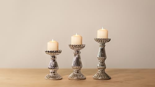 Marco Paul 3 Piece Polished Pillar Candle Holder Set Elegant Festive Home Decor Warm Light Christmas Decorations Dining Table Living Room Kitchen Decor Christmas Candle Holder Dinner Candles Resin