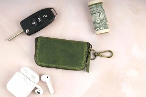 Image of Handmade Full Grain Leather Car Key Holder & Zippered Coin Purse | Belt Loop Key Chain, Compact Earphone Holder Multi-Functional Money Purse Elegant Leather Accessory Versatile Key Organizer (Green)
