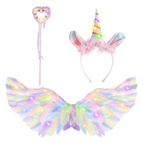 32 LED Light Up Angel Wings Set with Halo and Fairy Wand - Glowing Angel Wings Costume for Women Girls Kids Adults - Halloween Christmas Party Cosplay