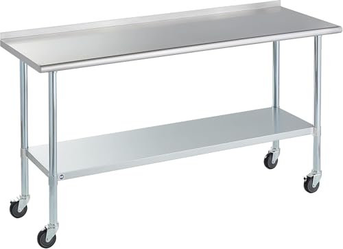 Image of Stainless Steel Table for Prep & Work with Caster & Backsplash 24x72 Inches, NSF Metal Commercial Kitchen Heavy Duty Table with Adjustable Under Shelf and Table Foot for Restaurant, Home and Hotel