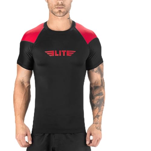 Elite Sports Jiu Jitsu BJJ Rash Guards, Men’s BJJ, No GI, MMA Ranked Short Sleeve Compression Base Layer Rash Guard