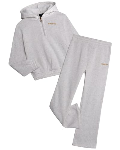 bebe Girls' Pants Set - 2 Piece Fleece 1/4 Zip Pullover Hoodie and Flare Sweatpants - Stylish Activewear Set for Girls (7-12)