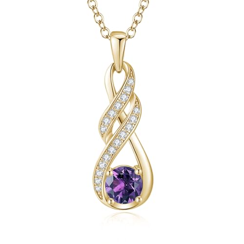 LOCIBLO February Birthstone Necklaces for Women 925 Sterling Silver Infinity Pendant 18K Gold Plated Purple Created Amethyst Necklace Jewellery for Her 16+2