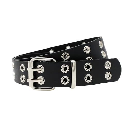 Women's Black Studded Leather Belt with Double Grommets Punk Gothic Scene Belt for Fashion
