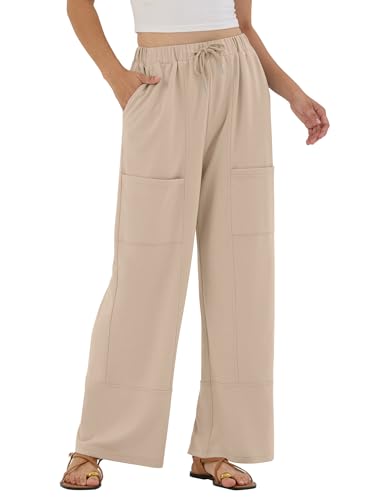 ZAFUL Womens Baggy Wide Leg Linen Pants Casual High Waisted Lounge Palazzo Pants with Pockets Khaki M
