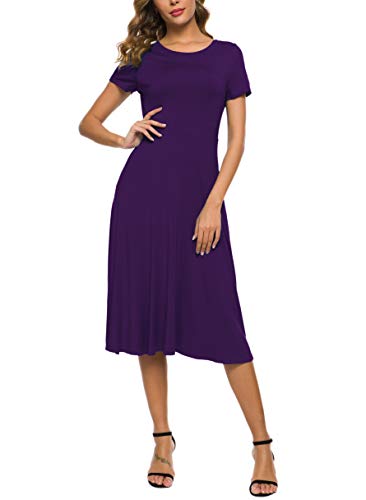 Image of EXCHIC Women's Casual Round Neck Short Sleeve Midi Dress Solid Stretchy Waist Knee Long Dress