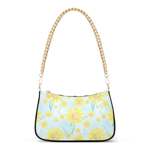 Yellow Daisy Flowers Light Blue Medium Handbag Tote Womens Floral Shoulder Bag Zipper Casual Purse Hobo with Chain Strap