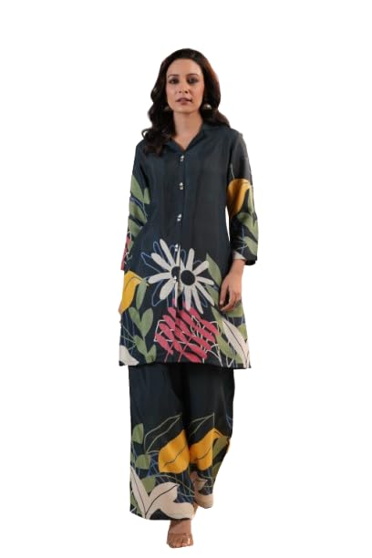 Women's Blue Printed Russian Silk Co-ord Set