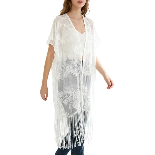 Bwuikim Modischer, vorne offener Strand Coverup Kimono, Langer Strand Cardigan mit Fransen und Spitze für Sonnenbaden, Poolpartys, Freizeitausflüge, durchsichtiges Saisonkleid-4