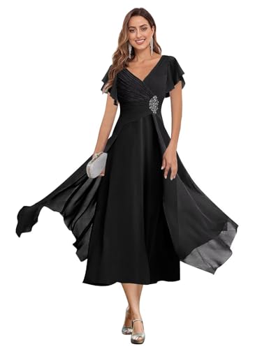 ISABUFEI Elegant Chiffon Mother of The Bride Dresses - V-Neck Tea Length Formal Evening Gown with Beaded Waist2