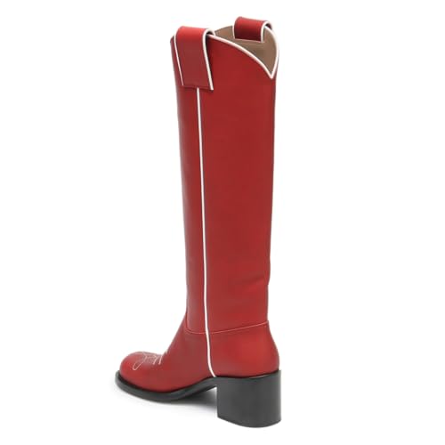 YDN Women Retro Chunky Mid Heel Embroidery Cowboy Boots Pull On Round Toe Knee High Boot Holiday Party Dressy Shoes Size 4-16 US3