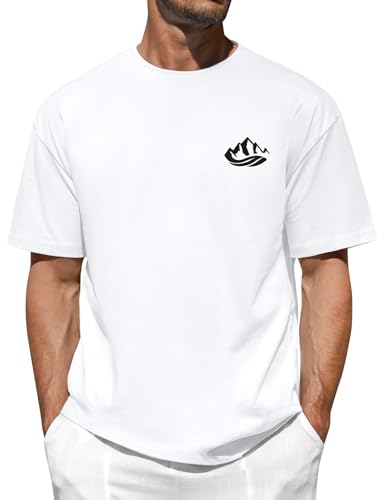 TOMEEK Magliette Uomo Manica Corta Oversize T-Shirt,100% Cotone T Shirt Girocollo Estive Maglietta Casual Tshirt Moda Vintage Stampa Relaxed Fit Top(Bianco,M)