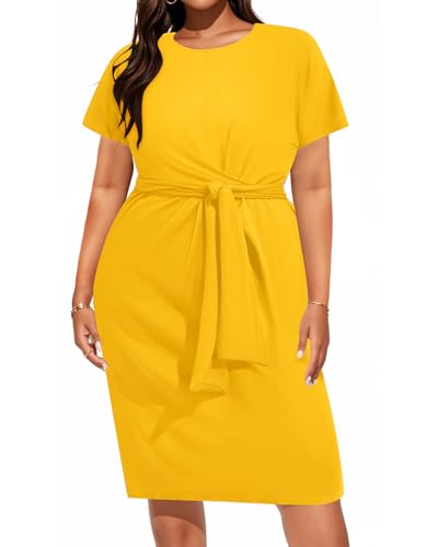 Image of Pinup Fashion Plus Size Dresses for Women Wedding Guest Short Sleeve Tie Front Waist Belted Pencil Work Knee Dress