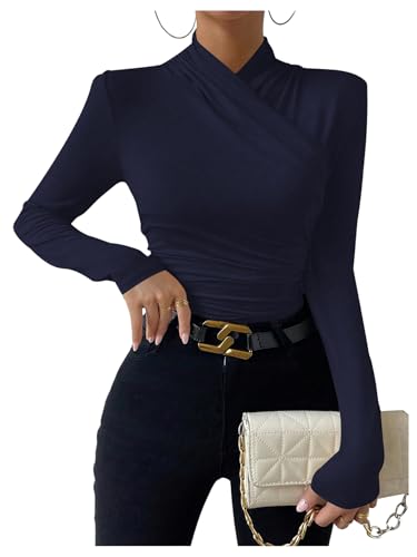 Image of SweatyRocks Women's Ruched Mock Neck Long Sleeve T Shirt Solid Slim Fitted Tee Tops