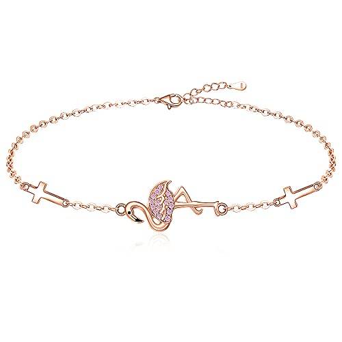 Fenthring Flamingo Bracelet Sterling Silver for Women Cute Animal Cross Rose Gold Pink Bird Flamingo Friendship Bracelets Jewelry Christmas Holiday Summer Gifts