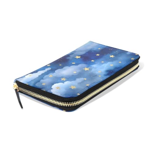 Long Wallets Leather Bifold Wallet for Women Blue Stars Cloud with Zipper Credit Card Holder Large Capacity3