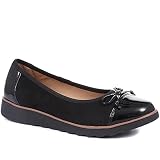 Pavers Womens Leather Ballet Pumps in Black Patent - Casual Flats - Comfort Footwear with High Shine Toe Cap & Delicate Bow Detail - Size UK 5 / EU 38