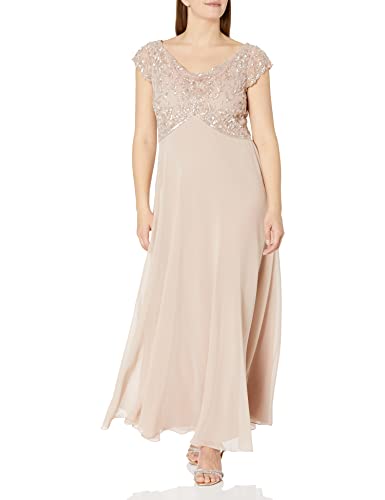 J Kara Women's Petite Short Sleeve Cowl Neck Long Beaded Dress, Blush/Silver, 12P