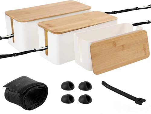 DAJAVE Kabelbox 3er Set Kabelbox Weiß Kabel Verstecken kabelbox Groß Kabelmanagement Box Kabel Box, Kabel Organisation mit Bambusdeckel, Große Mittlere und Kleine