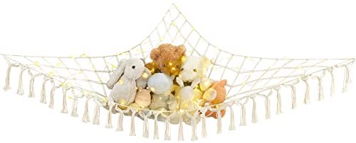 Image of Mkono Stuffed Animal Net or Hammock Boho Toy Storage Holder Hanging Organizer with Decorative Tassels and Lights Large Corner Plush Net Toys Display Hammock for Nursery Kid Room Playroom, Ivory