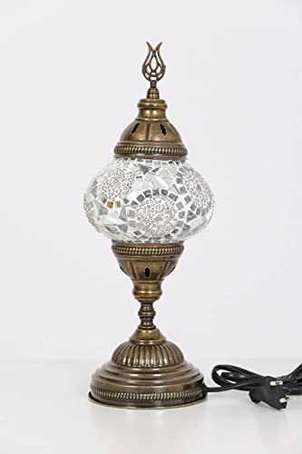 Kafthan - Turkish Handmade Mosaic Glass Table Lamp - Unique Custom Moroccan Lamp Shades - Decorative Globe Candelabra Room Decor Lantern Lamp W/Led Bulb - Bedside Night Light - White Snowflake #TOP16