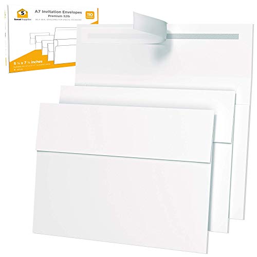 5x7 Envelopes for Invitations - 110 White Envelopes for 5x7 Cards - A7 - (5 ¼ x 7 ¼ inches) - Perfect for Weddings, Graduation, Baby Shower - 120 GSM - Peel, Press & Self Seal - Square Flap