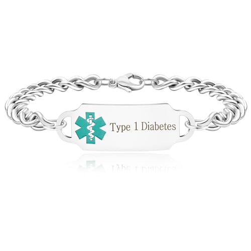 Zircobic Pulsera médica serpentina diabetes tipo 1", pulsera deportiva de acero inoxidable hipoalergénica impermeable, joyería duradera y de alerta de salud con estilo