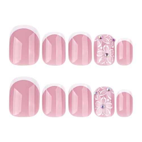 Image of Short Square Press on Nails White French Tip Fake Nails Flower Nail Press ons Glossy Full Cover Glue on Nails Reusable Artificial Acrylic Stick on Nail Nude False Nail for Women Manicure 24Pcs