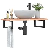 Wynira Piano lavabo con supporto in acciaio e ripiano in legno di rovere massiccio, 80 x 40 cm, montaggio a parete, salvaspazio, per bagno, lavandino da appoggio e organizer per mobili da bagno