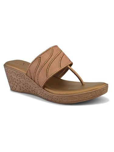 Image of XE Looks Wedge Thong Sandals for Women | Pleated Upper Strap with Subtle Rhinestone Detail | Cushioned Footbed & Slip-On Low Wedge Heel | Lightweight All-Day Comfort