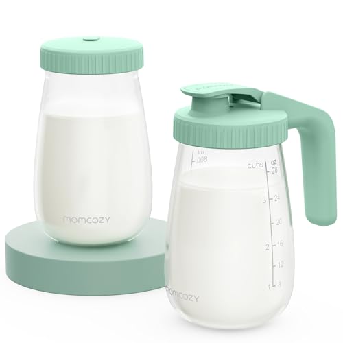 Image of Momcozy Glass Breast Milk Pitcher, Milk Storage Container with Flat Lid & Handle Lid, Wide Mouth Leak-Resistant, Baby Formula Pitcher, Heat & Cold Resistant, 2 PCS, 32OZ Each (64OZ Total)