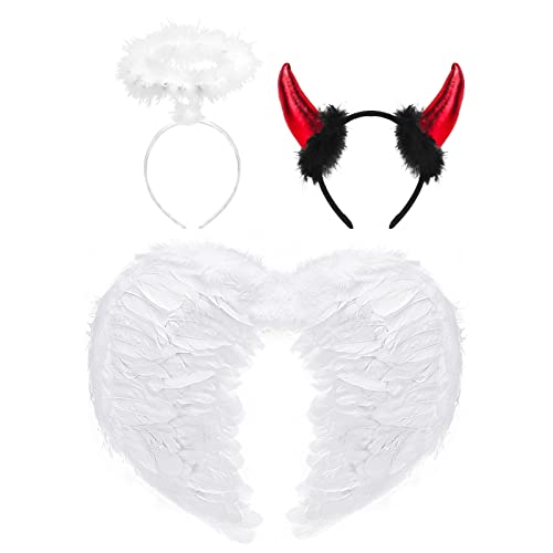 KATELUO Ailes D'ange avec Auréole D'ange et Oreilles de diable, Ailes d'ange Plumes, Ailes D'ange Blanc, Costume D'ailes D'ange, pour Carnaval d'Halloween Cosplay Costume de Carnaval Cover