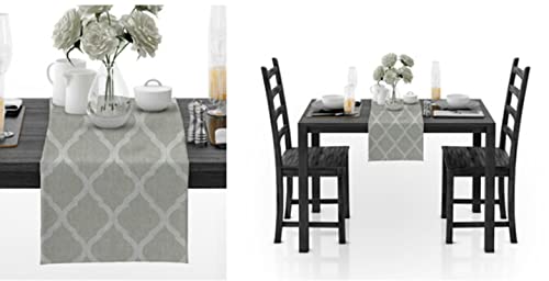 Chemin de table gris anti-pli en coton long 320 cm avec pompons chics
