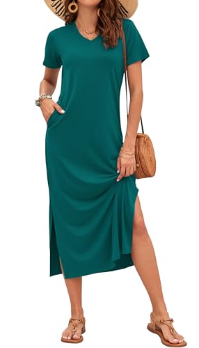 Image of MISFAY Womens Maxi Dress Short Sleeve V Neck Loose with Pockets | Soft stretchy breathable, v neck loose fit, side split hem, two side pockets, casual daily beach vacation travel dress
