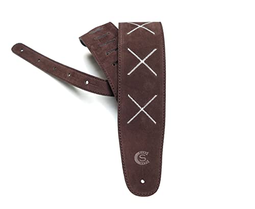 Sangle guitare et basse en cuir suède brun foncé avec broderie