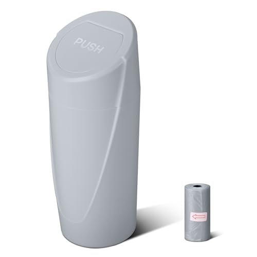 Image of Car Trash Can Bin with Lid - Car Garbage Can Cup Holder - Grey Mini Leakproof Vehicle Garbage Bin with 20pcs Trash Bags-Automotive Organizers and Storage for Front Back Seat Accessories