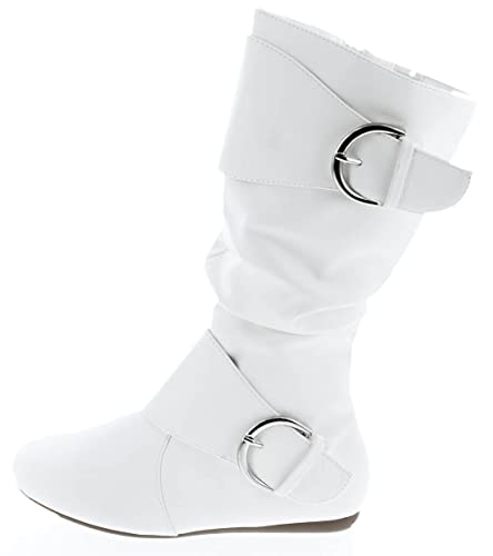 Image of Forever Link Women's Klein-70 Closed Round Toe Buckle Slouch Flat Heel Mid-Calf Boot