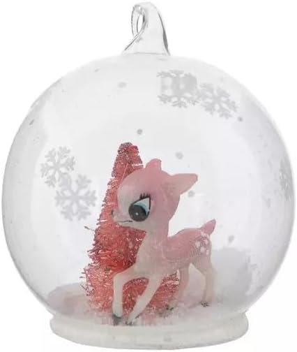 Robert Stanley Pink Reindeer & Tree Snow Globe Glass Ornament