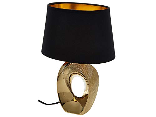 Grande lampe de table LED avec 1 ampoule - Pied en céramique doré - Avec abat-jour en tissu noir - Hauteur : 52 cm