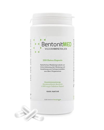 Bentonit MED Detox-Kapseln 200, Bentonit-Montmorillonit, Medizinprodukt, Apothekenqualität, Darmreinigung, Entgiftung von Schwermetallen, Entgiftungskur, Vulkanmineralien, Heilerde