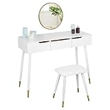 tocadores modernos Montaje fácil: No tendrá que perder tiempo para montar este tocador moderno con taburete porque el tablero ya está listo y sólo necesita montar las patas y el espejo. Dimensiones totales: 100x40x77,5cm; dimensiones del taburete: 38,5x27,5x44cm; dimensiones del espejo: 40x2,2cm (Ø x grosor)