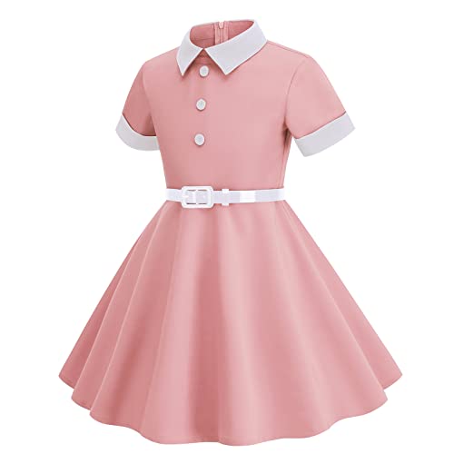 Girls Peter Pan Collar Dress Short Sleeve Uniform Dresses Casual Vintage Contrast Doll Collar Fit And Flare Skater Party Dress With Belt Retro Button Cotton School Party Dress Collared-Pink 9-10 Years #TOP1