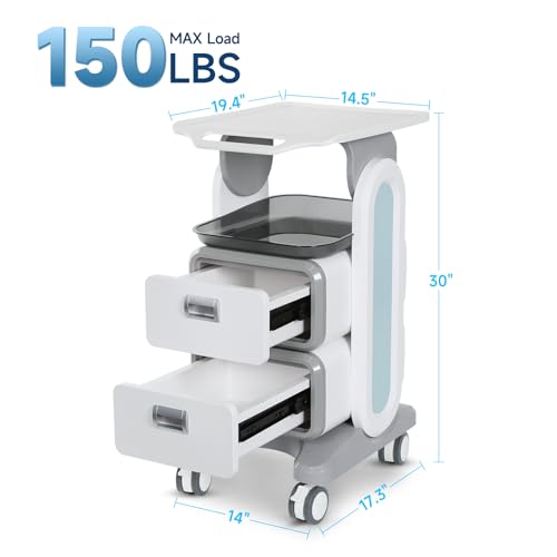 EcomVast Medical Trolley Cart with 2 Drawers, Mobile Ultrasound Rolling Cart with Wheels and Trays, 150 LBS MAX Load Utility Storage Trolley for Hospital Dental Clinic Beauty Salon - Thumbnail 2