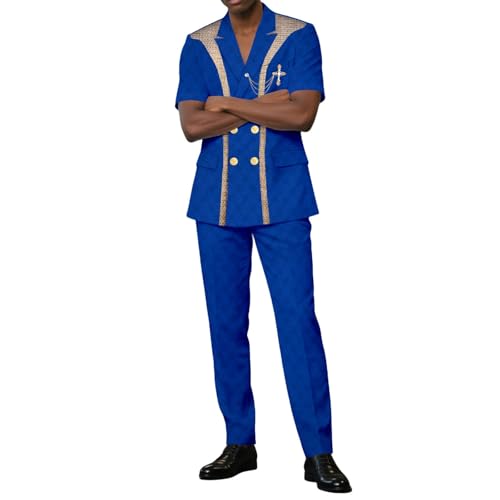 Image of Ourmoon African Mens Clothes Set Dashiki Shirt and Pants 2 Piece Set Traditional Clothing Tracksuit Formal Tribal Suit(Blue,X-Large)