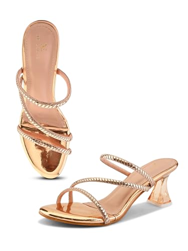 Image of XE Looks Heels for Women | Glossy Finish | Criss-Cross Silver Embellished Straps | Comfortable Block Heel Sandals for Girls