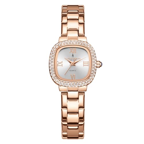 London Fog Ave Maria Collection Analog Watch for Women with Square Dial, Crystal Studded Bezel Roman Numeral Markers and Stainless Steel Strap LFW20004-44