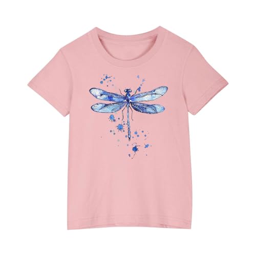 Girls Summer Cotton T-Shirts Cute Dragonfly Printed Round Neck Casual Short Sleeve Tops Loose Graphic Tees 3-10Y