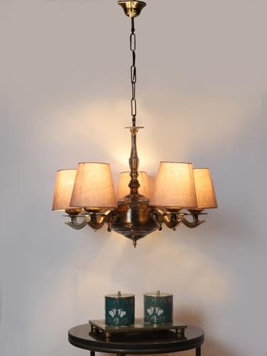 Image of Devansh 05 Lights Grey conical Cotton Shade with Antique Golden Chandelier