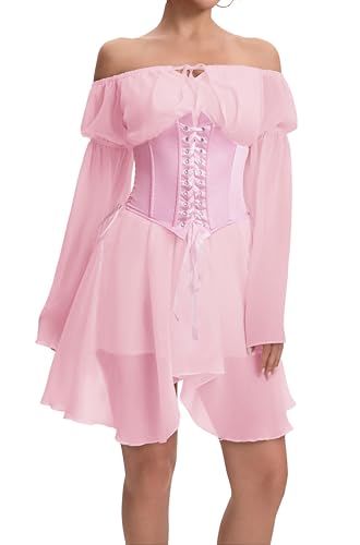 Image of Womens Corset Dresses Off Shoulder Bell Sleeve Casual Party Fairy Two Piece Outfits Bustier Dress